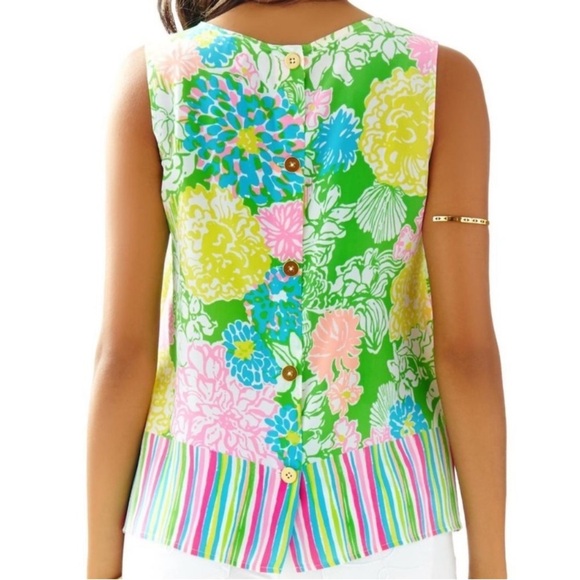 Lilly Pulitzer Iona Button Back Silk Tank Top Pink Green Hibiscus Stroll Floral - Picture 4 of 10